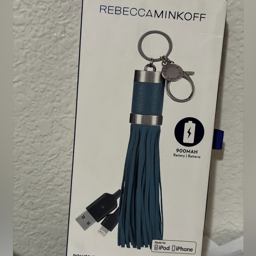 Rebecca Minkoff Blue Tassel Keychain Power Bank with USB Cable